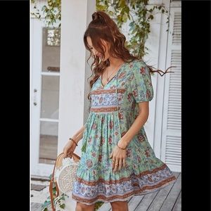 Light blue Floral  print V neck, short sleeve dress.